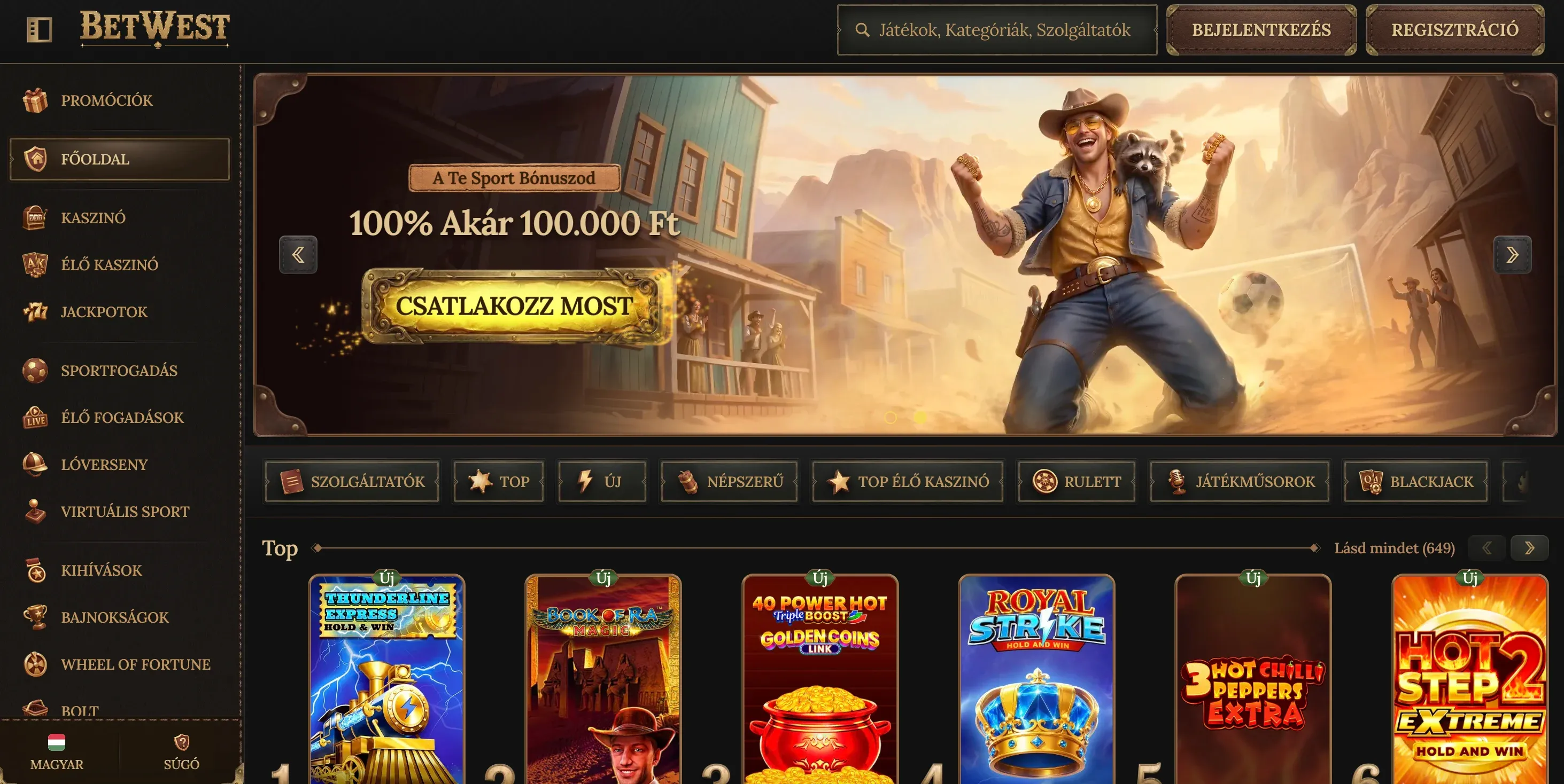 A BetWest casino hivatalos oldala